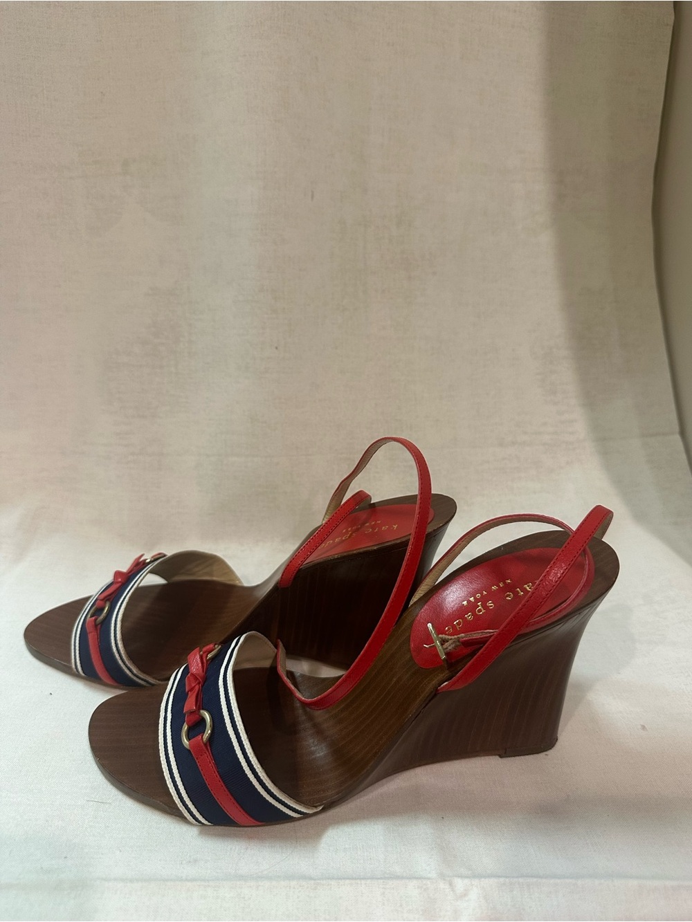 J. Crew Red and Navy Striped Wedge Sandals
